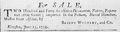 Notice of slave sale, 1754, Jamaica
