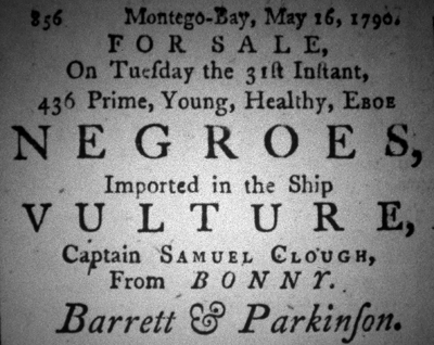 1790 Slaves per ship Vulture, notice,  Jamaica
